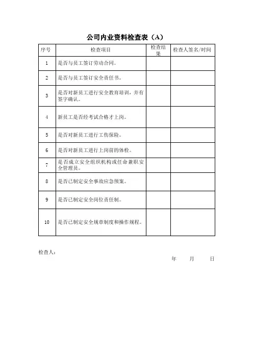 公司内业资料安全检查表