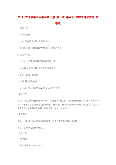 2019-2020学年九年级科学下册 第一章 第4节 生物的进化教案 浙教版.doc