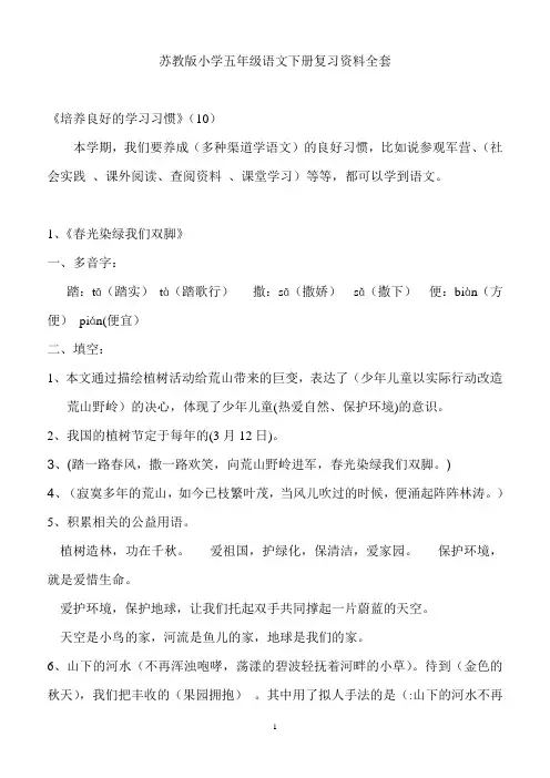 2苏教版小学五年级语文下册复习资料全套
