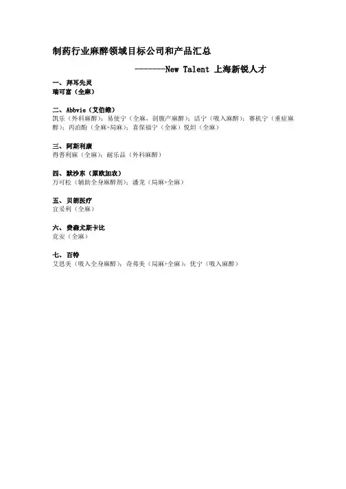 制药行业麻醉领域目标公司和产品汇总-New Talent内部培训资料