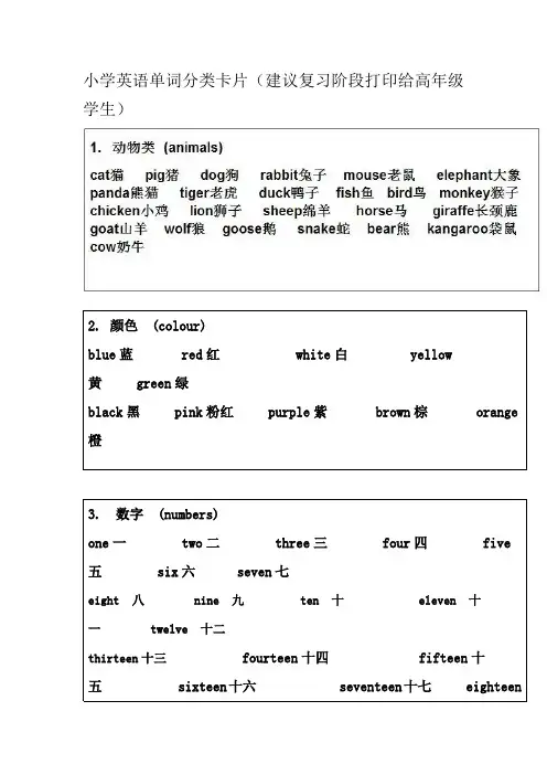 小学英语单词分类卡片
