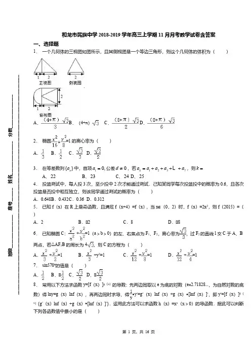 和龙市民族中学2018-2019学年高三上学期11月月考数学试卷含答案