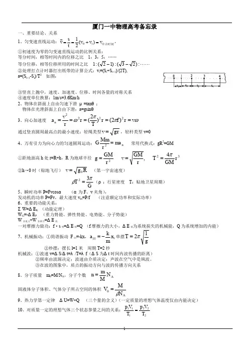 厦门一中物理高考备忘录