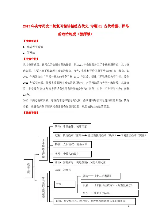 2013年高考历史二轮复习 精讲精练古代史 专题01 古代希腊、罗马的政治制度(教师版)