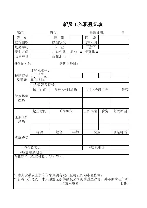 新员工入职登记表模板 2