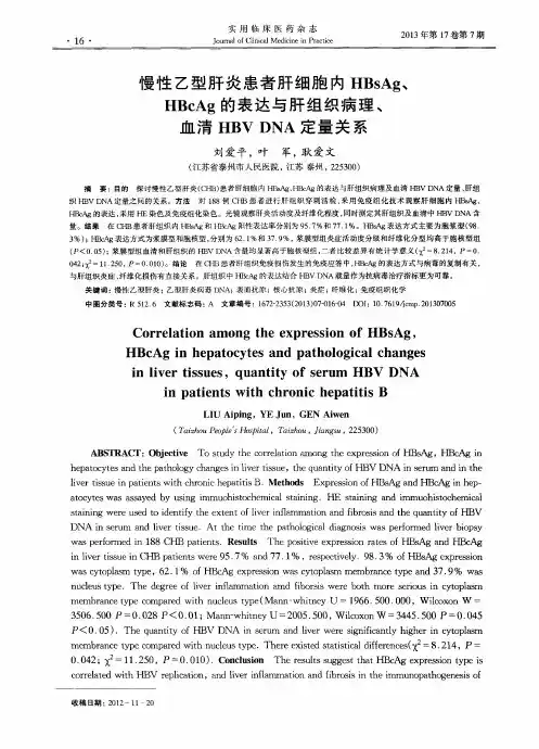 慢性乙型肝炎患者肝细胞内HBsAg、HBcAg的表达与肝组织病理、血清HBVDNA定量关系