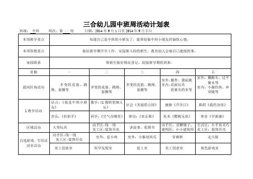 幼儿园中班周计划表