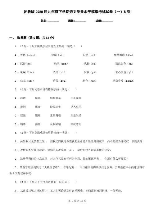 沪教版2020届九年级下学期语文学业水平模拟考试试卷(一)B卷