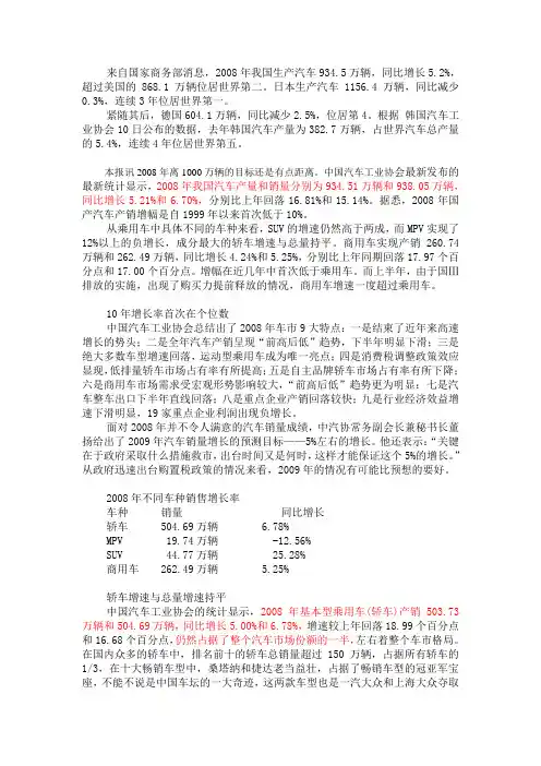 2008年汽车产销量情况