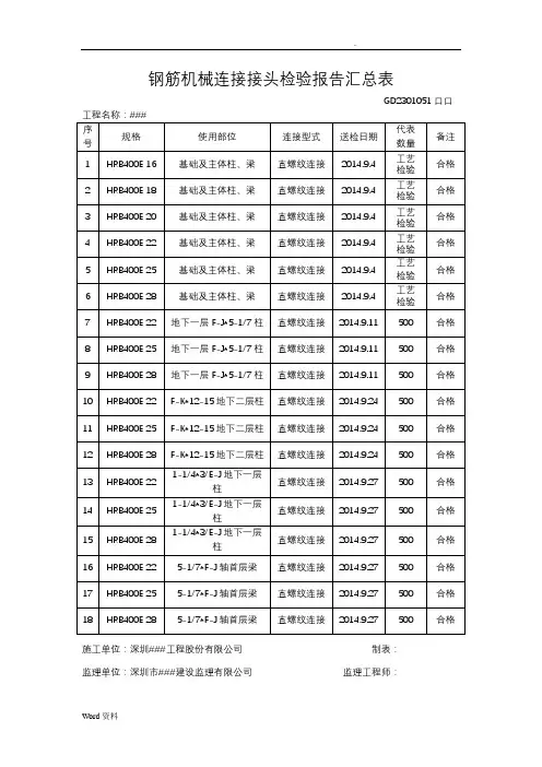 钢筋机械连接接头检验报告汇总表