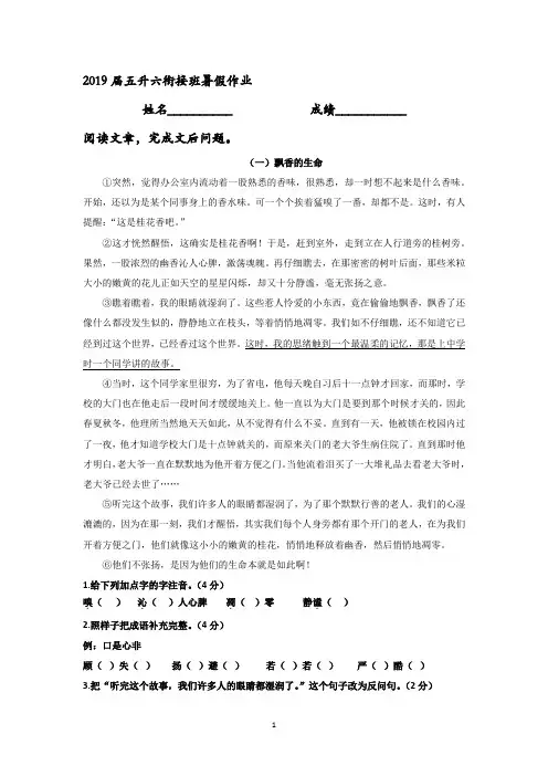 2018年五升六衔接班暑假语文练习作业