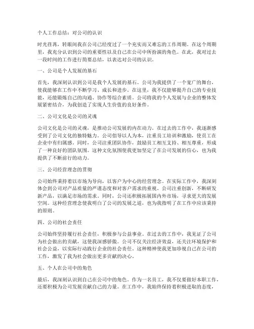 个人工作总结对公司的认识