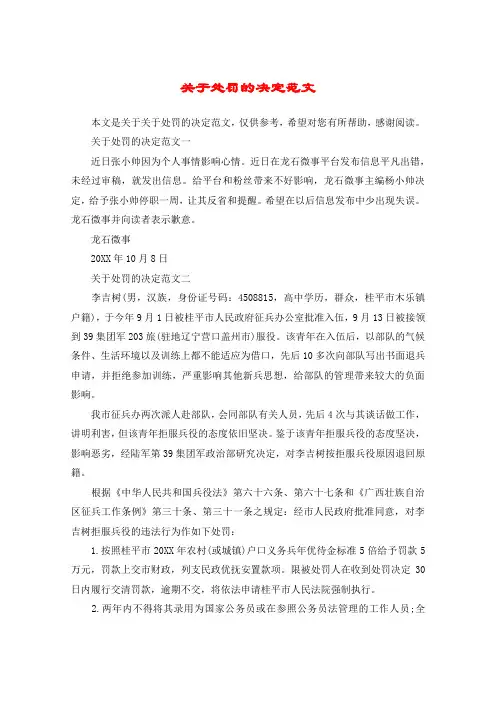 关于处罚的决定范文