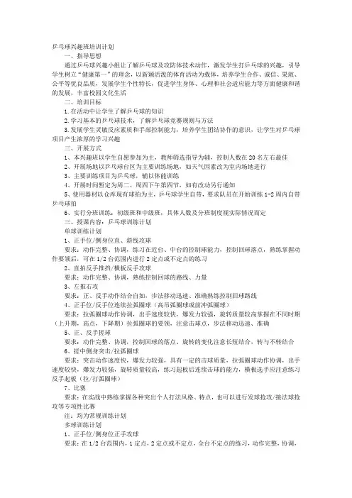 乒乓球培训计划