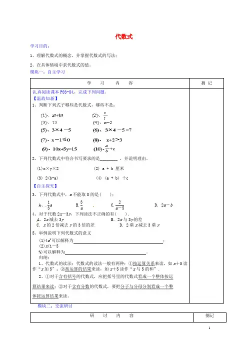 广东省河源中国教育学会中英文实验学校七年级数学上册 第3章 第2节《代数式》讲学稿5(无答案)(新版