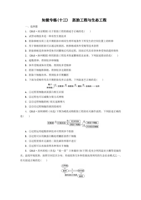 【三维设计】2019年高考生物二轮复习：知能专练(十三) 胚胎工程与生态工程