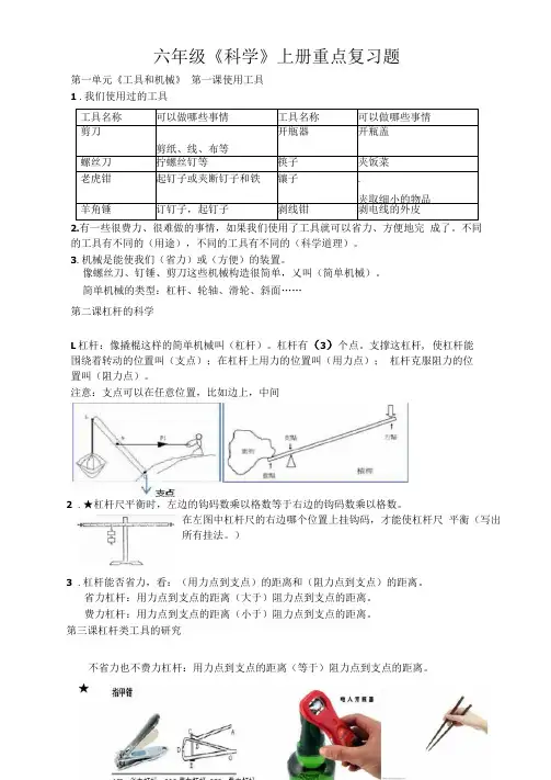 教科版六年级上册科学知识点总结