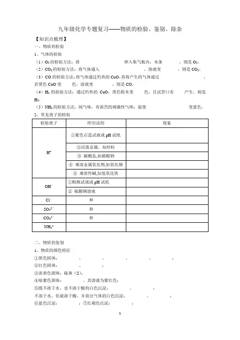 九年级化学专题复习-物质的检验、鉴别、除杂