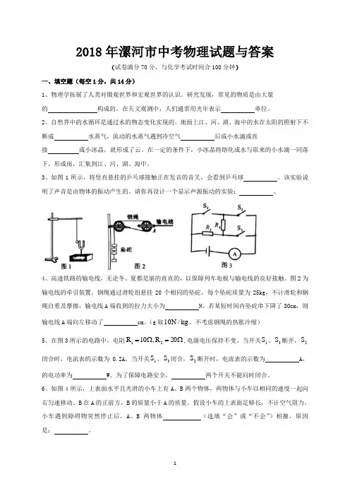 2018年漯河市中考物理试题与答案