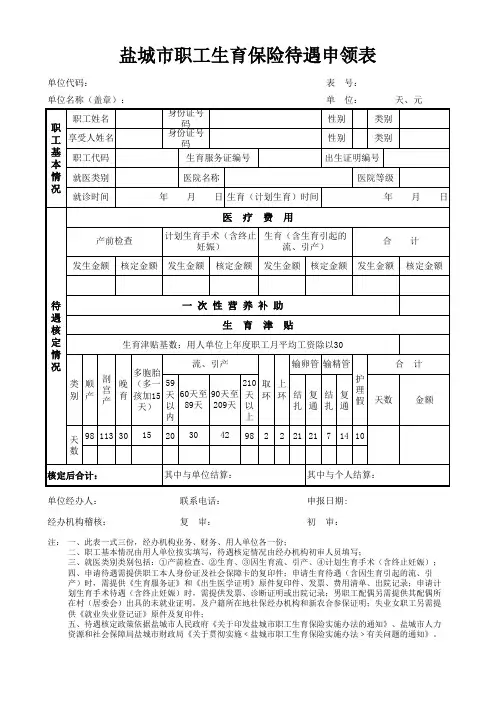 盐城市生育保险待遇申领表