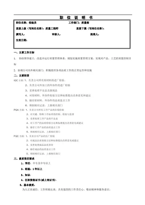 质量检验员岗位职责