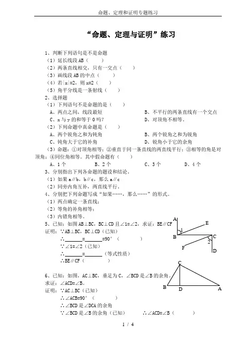 命题、定理和证明专题练习