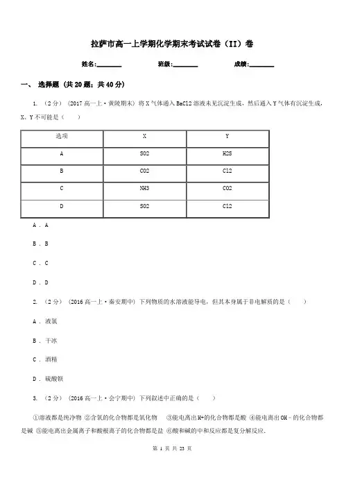 拉萨市高一上学期化学期末考试试卷(II)卷新版