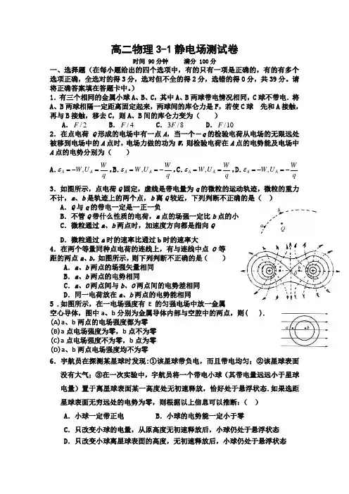 高二物理静电场测试试题
