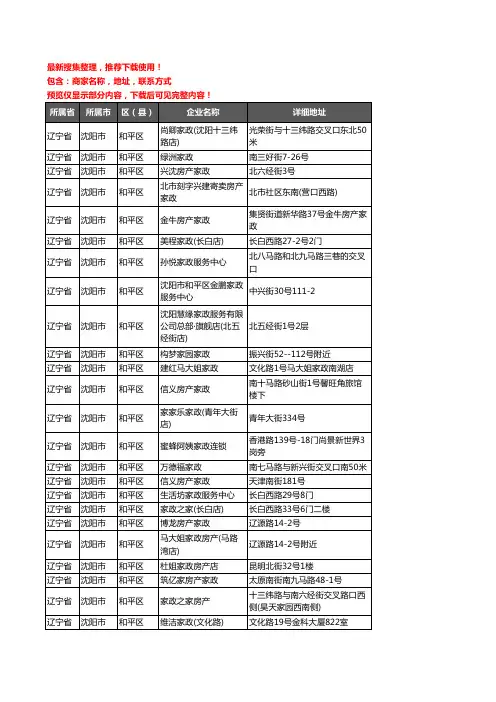 新版辽宁省沈阳市和平区家政服务企业公司商家户名录单联系方式地址大全95家