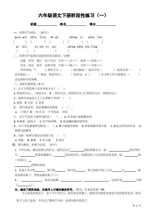 人教版2018-2019学年六年级语文下册阶段性练习