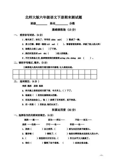 2北师大版六年级语文下册期末测试题(含答案)