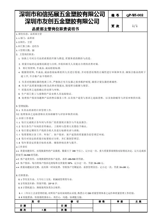 品质主管岗位职责说明书