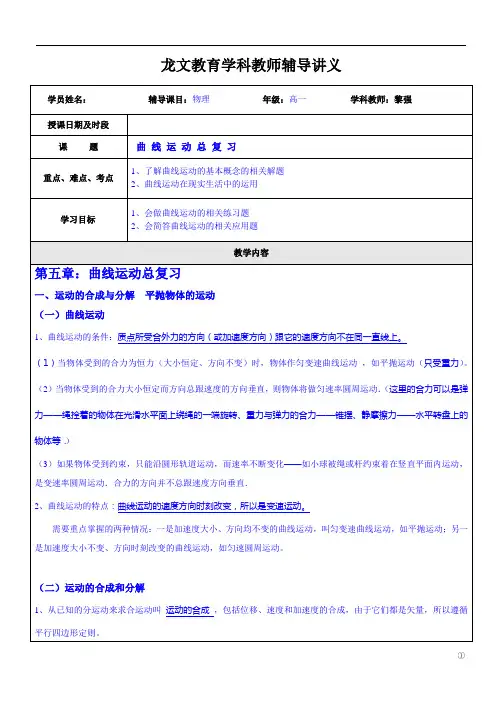 高一物理_曲线运动复习_讲义