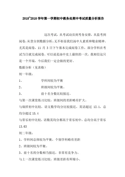 2018-2018学年第一学期初中教务处期中考试质量分析报告