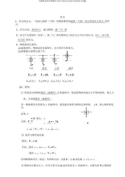 完整版初中物理浮力知识点总结计划及练习试题