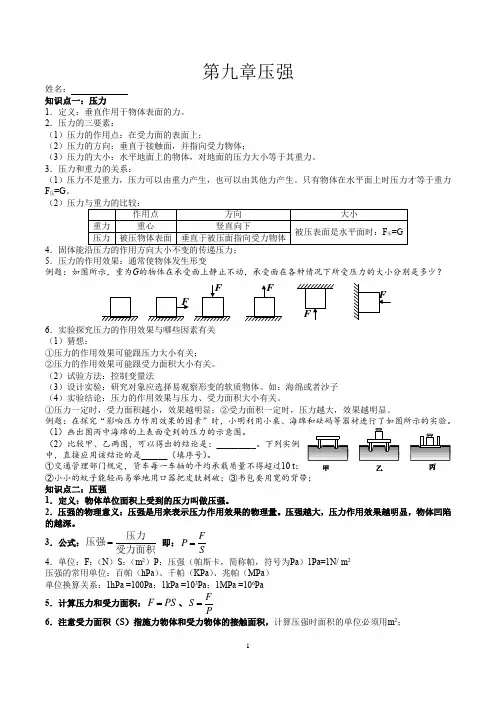 八年级下第九章压强知识点总结及练习