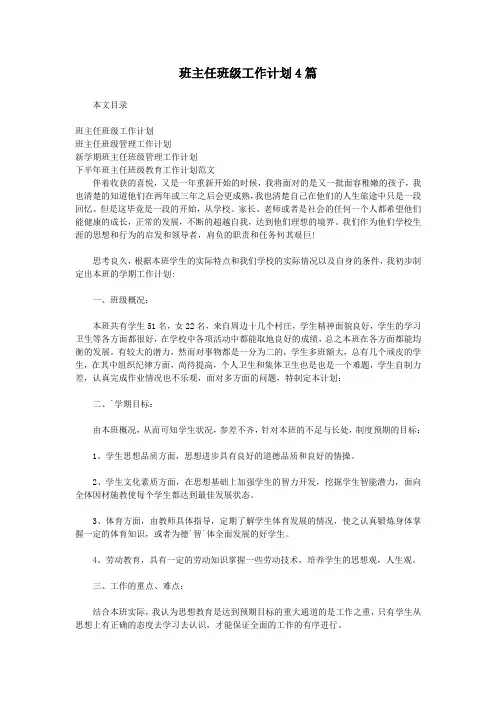 班主任班级工作计划4篇