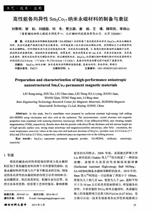 高性能各向异性Sm2Co17纳米永磁材料的制备与表征