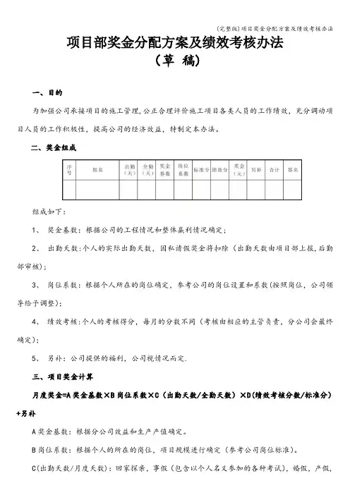 (完整版)项目奖金分配方案及绩效考核办法