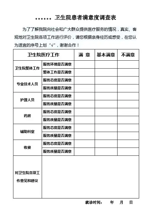 卫生院患者满意度调查统计表