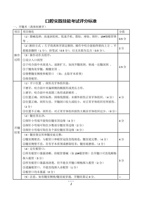 口腔实践技能考试评分标准
