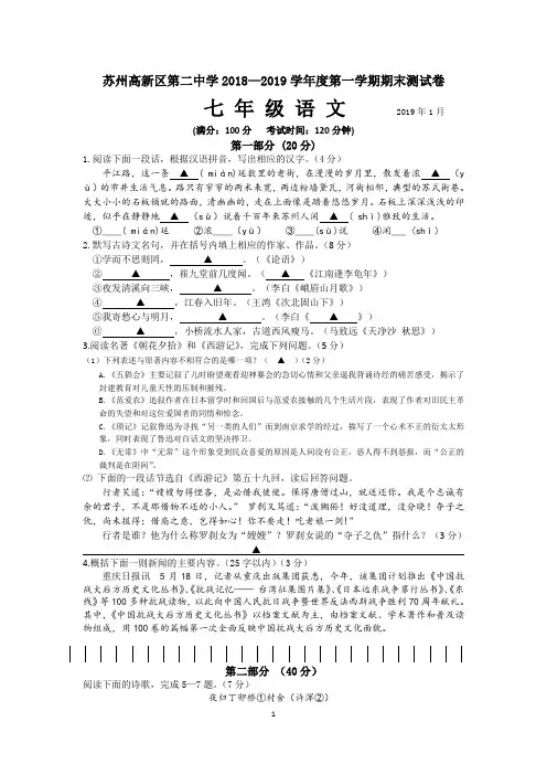 苏州高新区2018—2019学年度第一学期七年级语文期末测试卷(含答案)