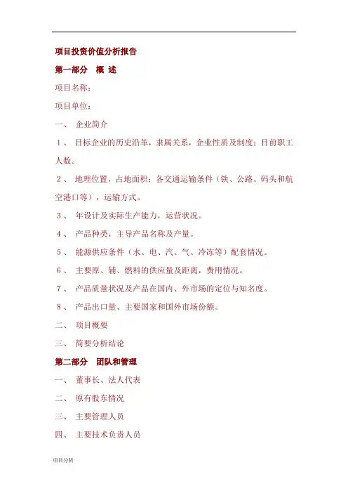 项目投资价值分析报告模版