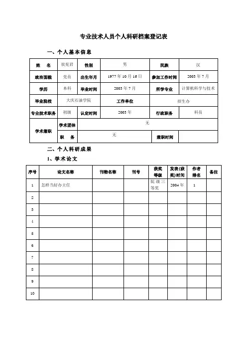 专业技术人员个人科研档案登记表