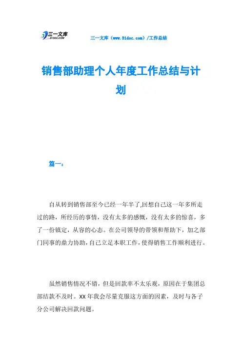 销售部助理个人年度工作总结与计划