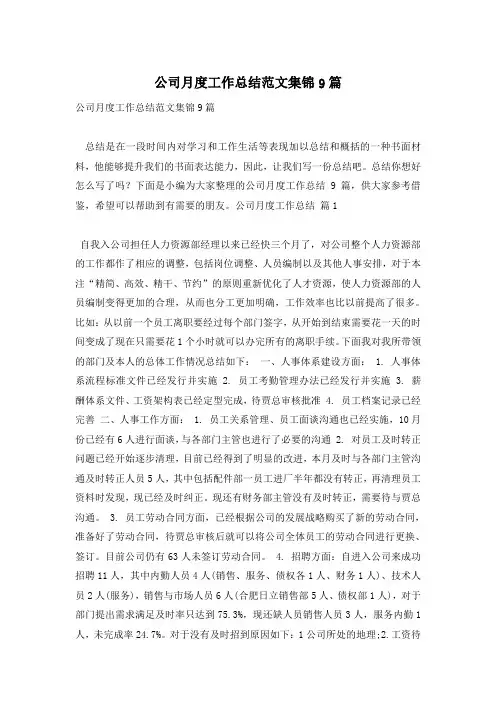 公司月度工作总结范文集锦9篇