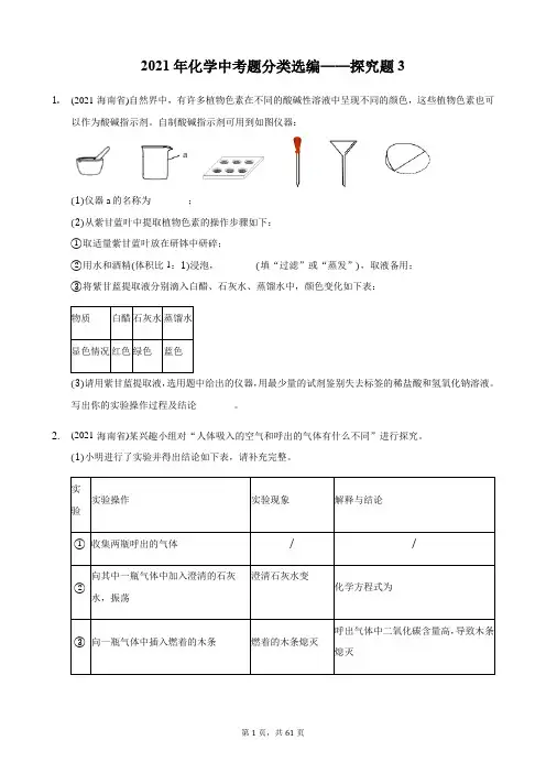 2021年化学中考题分类选编——探究题3
