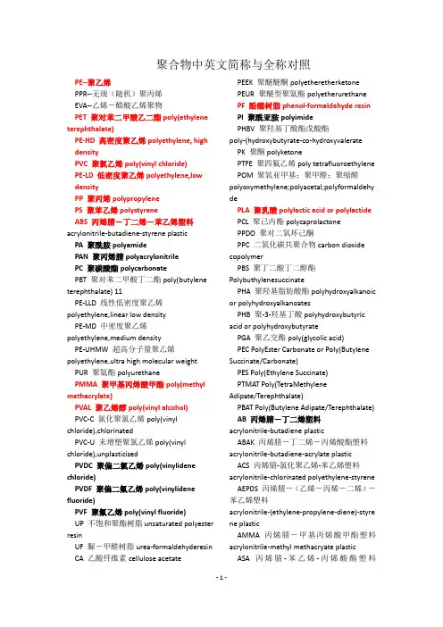 聚合物中英文简称与全称对照