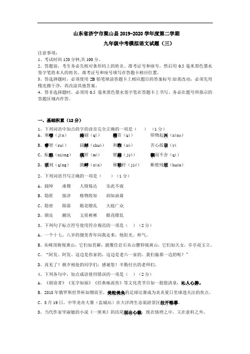 山东省济宁市梁山县2019-2020学年度第二学期九年级中考模拟语文试题(三)(含答案)
