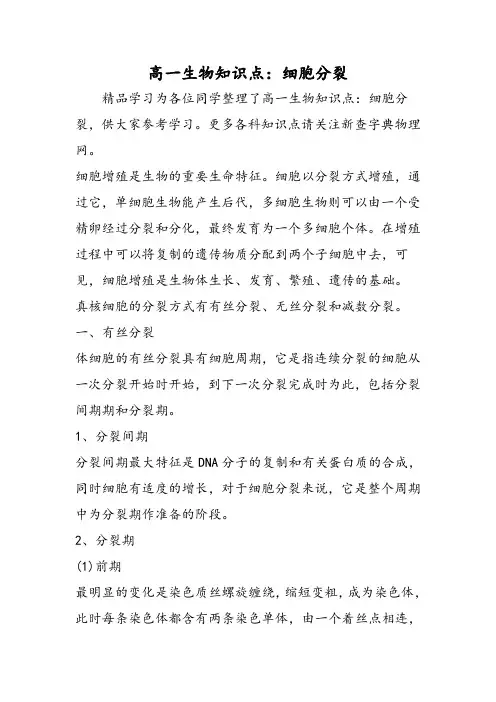 高一生物知识点：细胞分裂